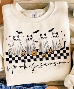 Spooky Season Ghost Cat Sweatshirt Halloween Pumpkin Cat Tee Shirt Cute Boo Cat Halloween Sweater Ghost Cat T-Shirt