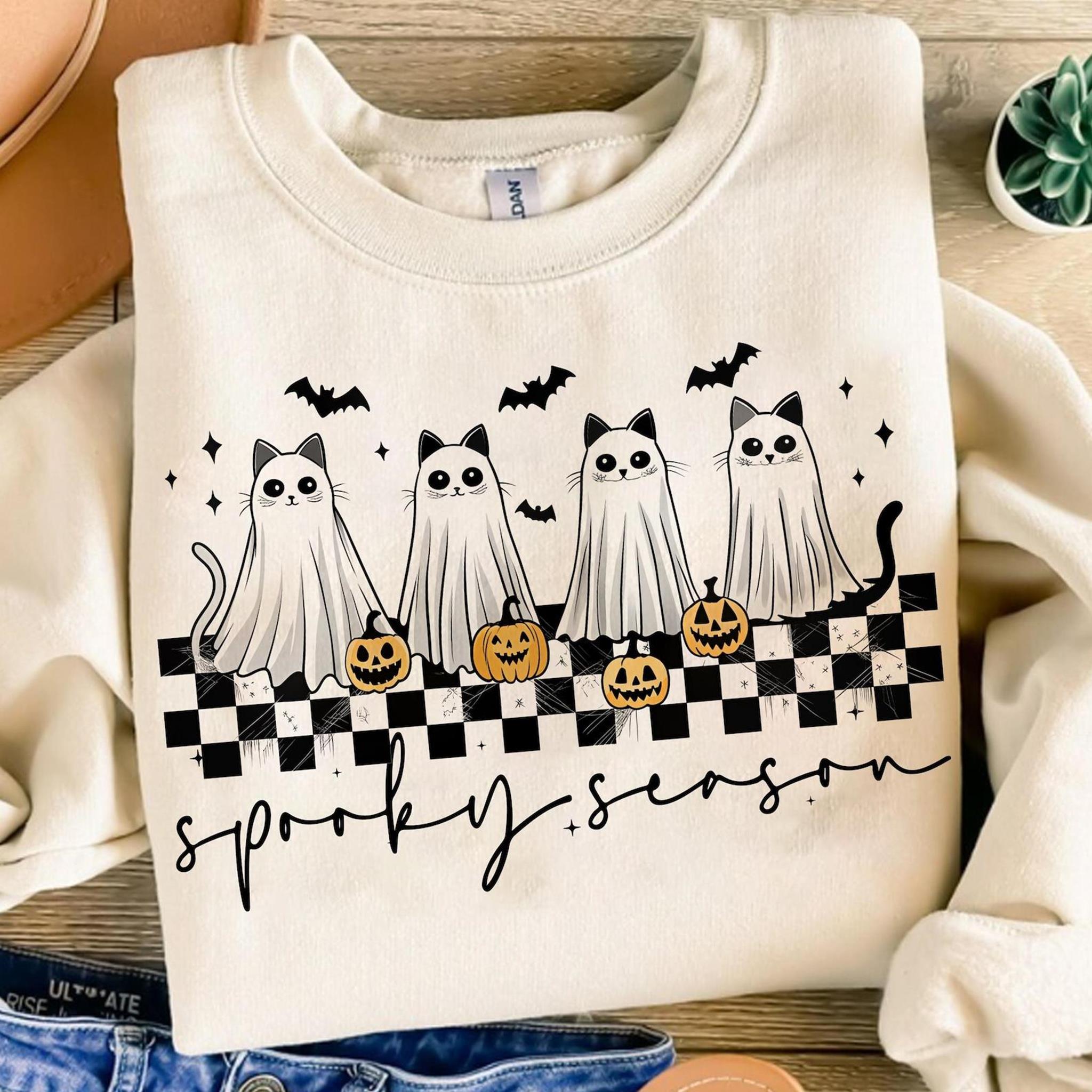 Spooky Season Ghost Cat Sweatshirt Halloween Pumpkin Cat Tee Shirt Cute Boo Cat Halloween Sweater Ghost Cat T-Shirt